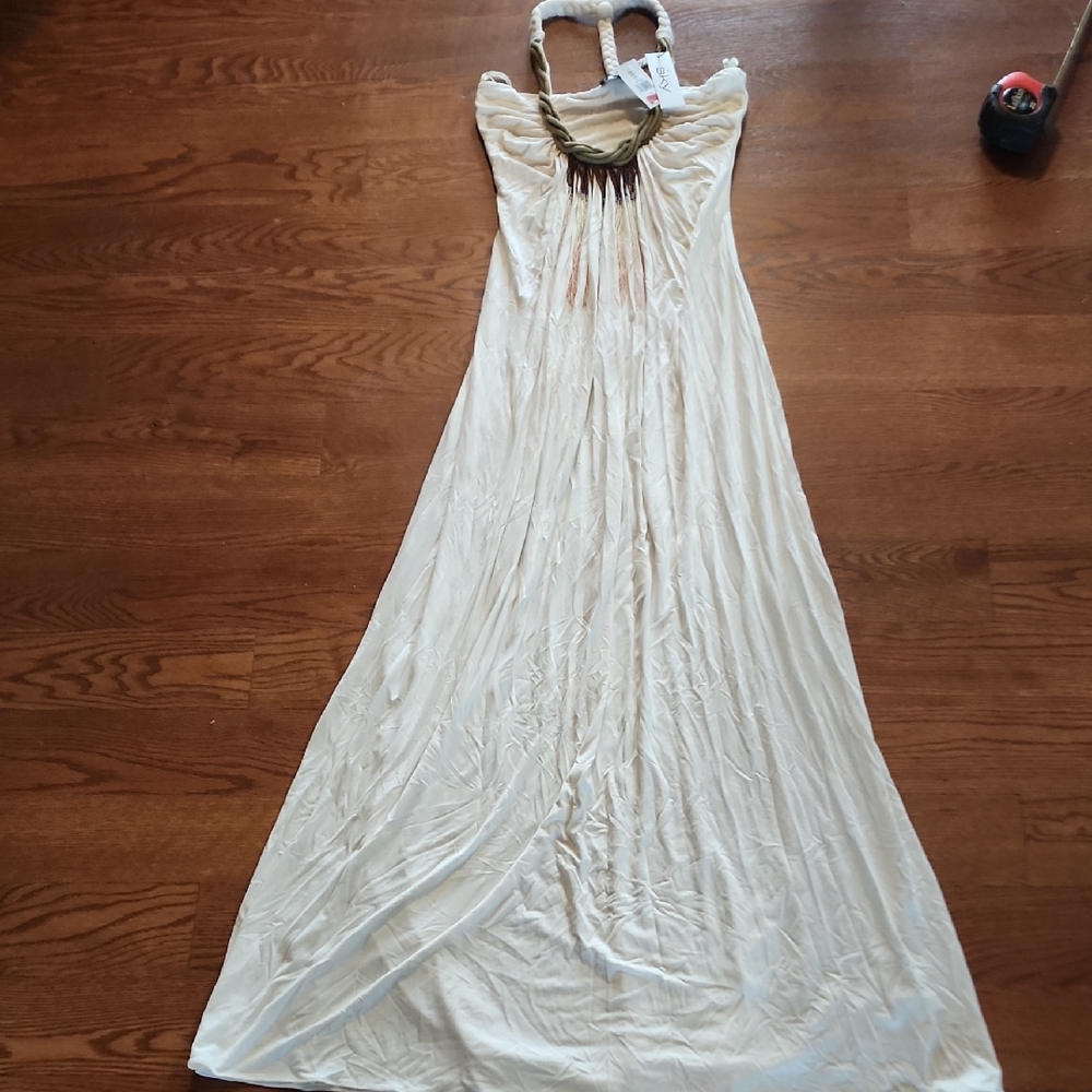 Sky Cream Halter Maxi Dress with Braided Neck Detail